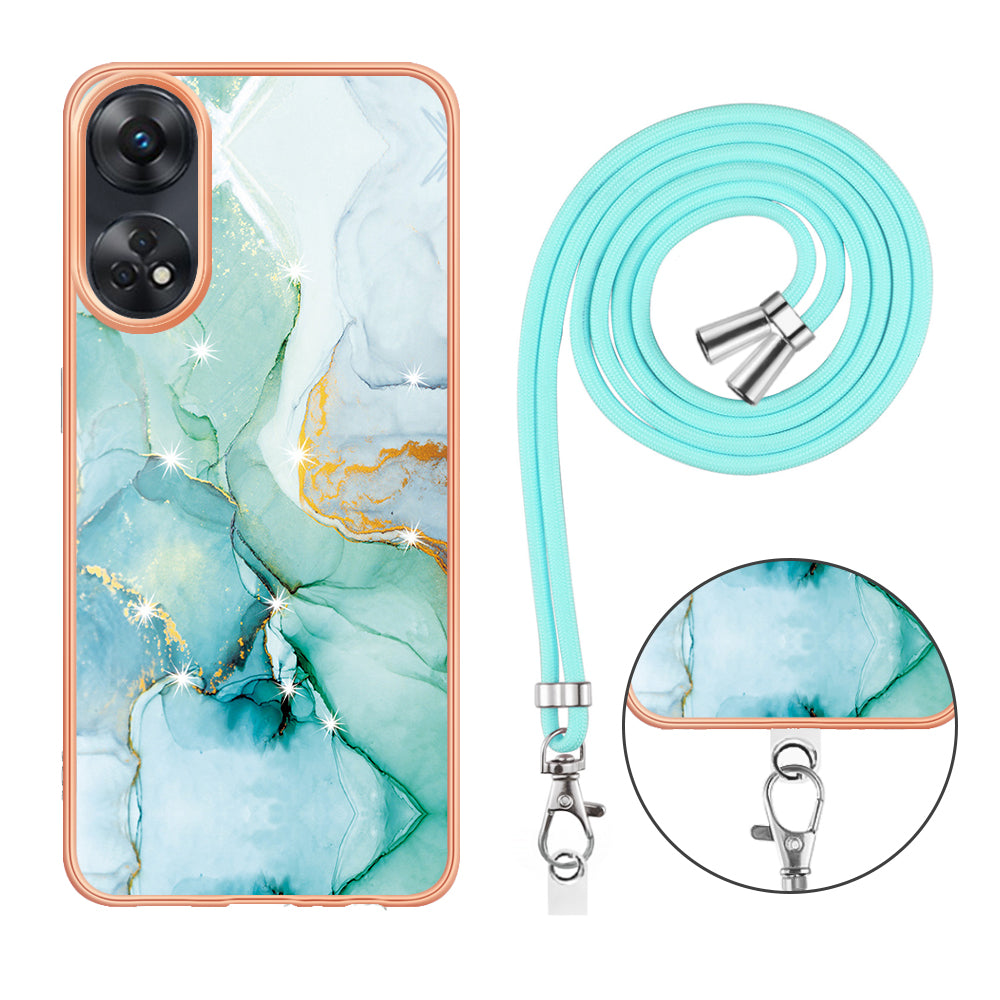 YB IMD Series-9 Electroplated TPU Cover for Oppo Reno8 T 4G Marble Pattern IMD Phone Case with Lanyard - Green 003 YB IMD Series-9 Electroplated TPU Cover for Oppo Reno8 T 4G Marble Pattern IMD Phone Case with Lanyard - Green 003
